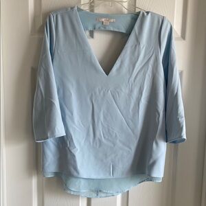 Blue V-Neck 3/4 Sleeve Blouse with Back Cutout and Sheer Underlay